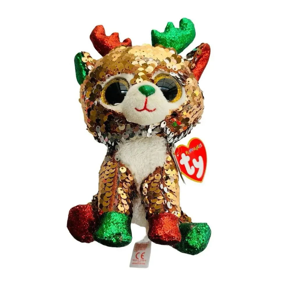 TY Christmas Flippables Sequin TEGAN Reindeer Beanie Baby Plush NEW
